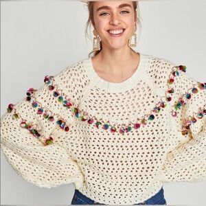 Zara Knit PomPom Chunky Knit Sweater Small cropped open knit